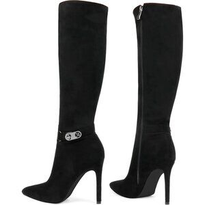 Women's Black Suede Stiletto Slouch Knee High Dress Boots Pointed Toe Buckle